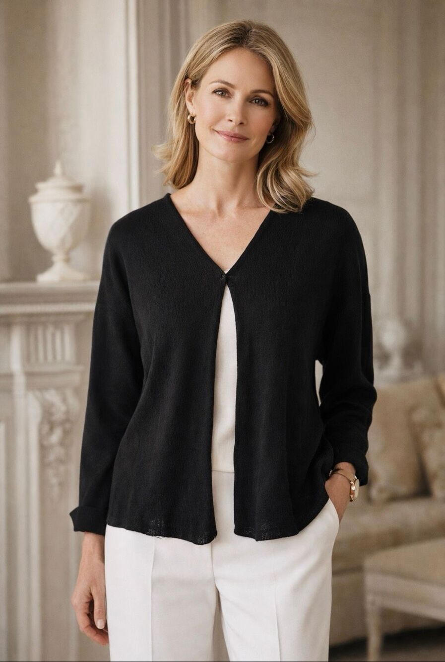 Eileen Fisher Black Lightweight Knit Hook Eye Open Front Cardigan Size L